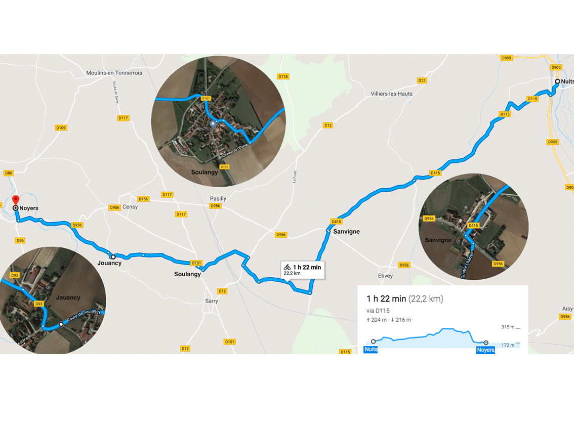Depuis le gite de Nuits, carte véloroute du canal de Bourgogne jusqu'à Noyers-sur-Serein